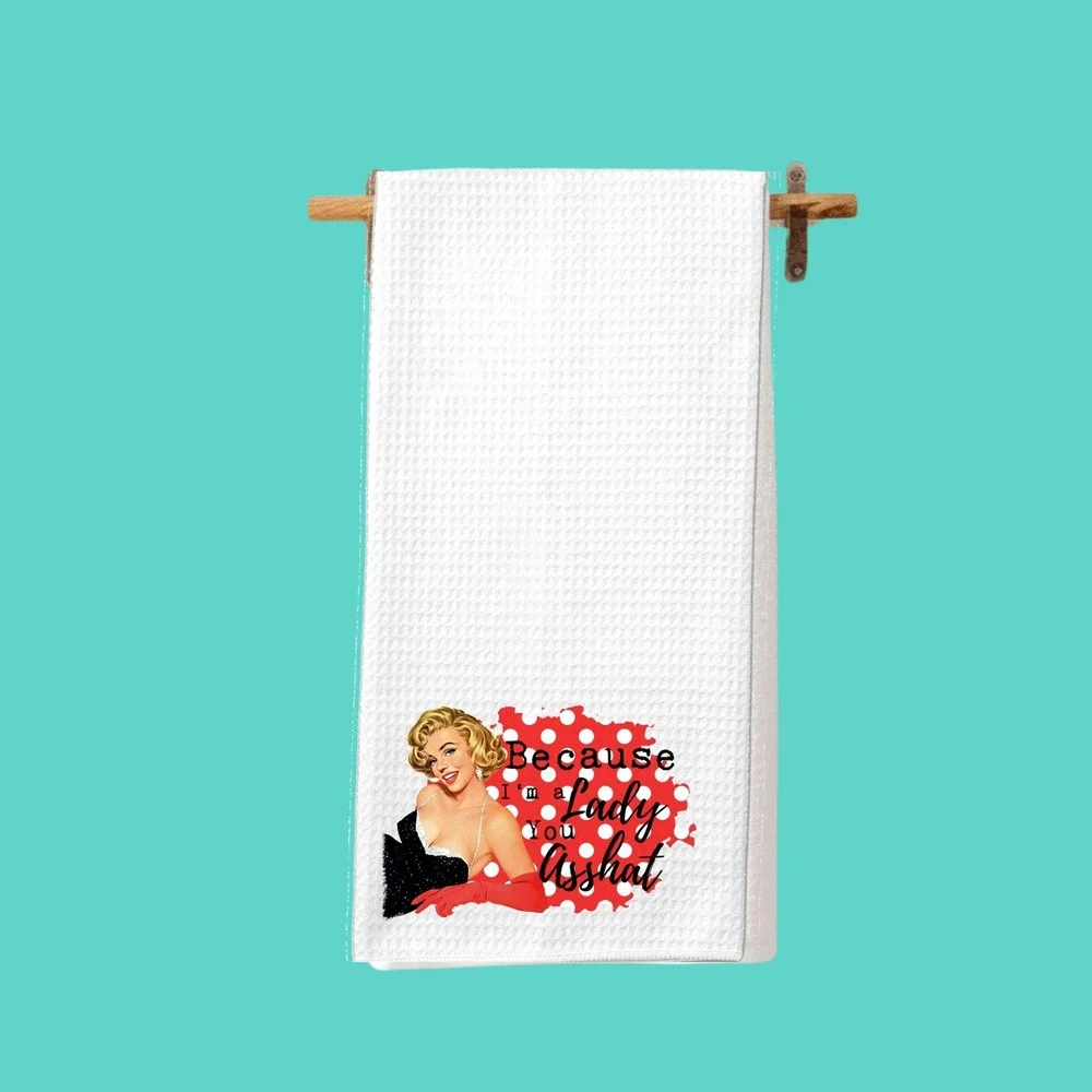 Retro Pinup Waffle Weave Kitchen Towel Because I'm a Lady You Asshat White Red